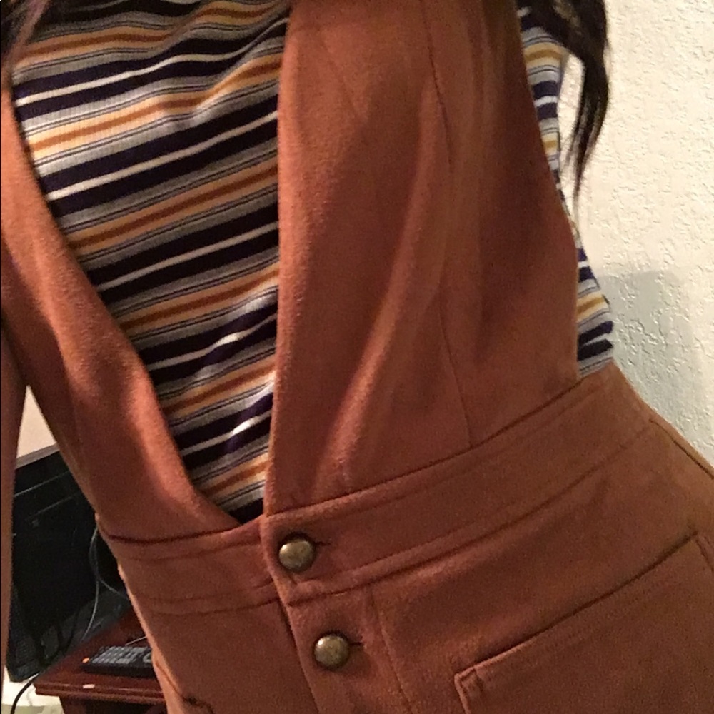 Suede overall dress with blue stripe top